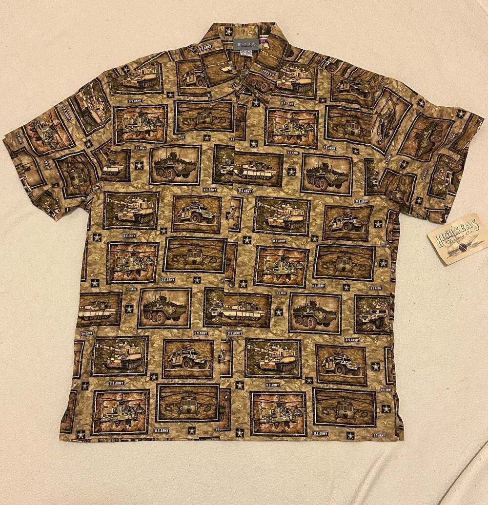 High Seas Trading Co. US Army Military Vehicle Hawaiian Shirt XL NWT